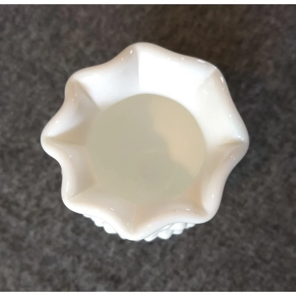 Vintage Fenton White Milk Glass Hobnail Mini Vases Set of 2 Ruffled Crimped Edge